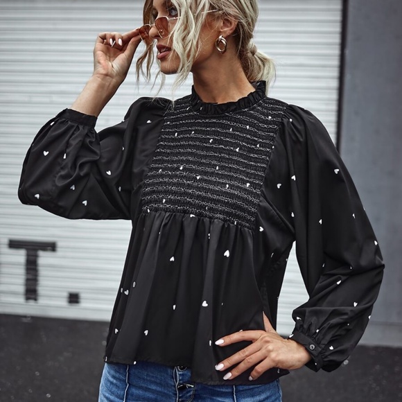 Tops - black heart print ruffle long sleeve top